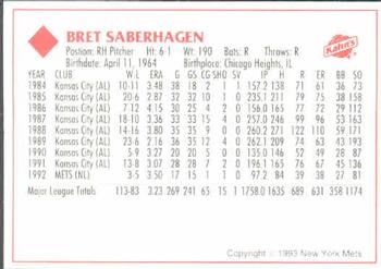 1993 Kahn's New York Mets #NNO Bret Saberhagen Back