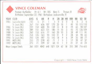 1993 Kahn's New York Mets #NNO Vince Coleman Back