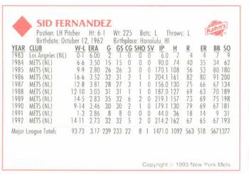 1993 Kahn's New York Mets #NNO Sid Fernandez Back