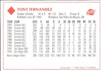1993 Kahn's New York Mets #NNO Tony Fernandez Back