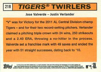 2012 Topps Heritage #218 Tigers Twirlers (Jose Valverde / Justin Verlander) Back
