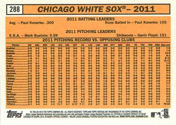 2012 Topps Heritage #288 Chicago White Sox Back