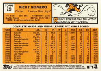 2012 Topps Heritage #220 Ricky Romero Back
