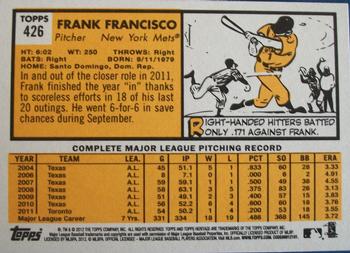 2012 Topps Heritage #426 Frank Francisco Back