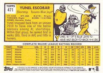 2012 Topps Heritage #471 Yunel Escobar Back