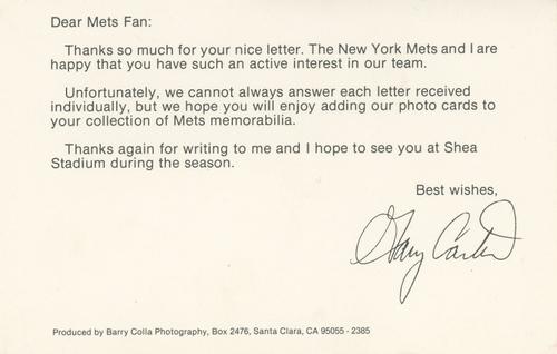 1986 Barry Colla New York Mets Photocards #386 Gary Carter Back