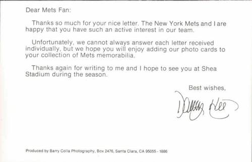 1986 Barry Colla New York Mets Photocards #1886 Danny Heep Back