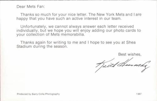 1987 Barry Colla New York Mets Postcards #1387 Keith Hernandez Back