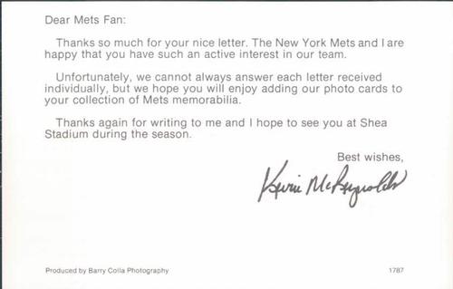 1987 Barry Colla New York Mets Postcards #1787 Kevin McReynolds Back