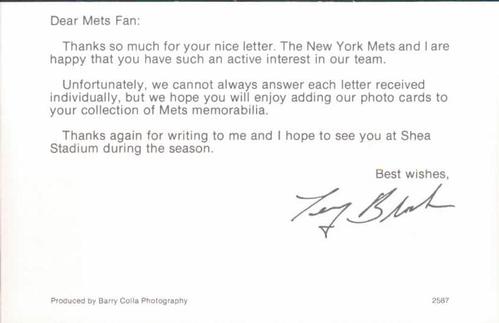 1987 Barry Colla New York Mets Postcards #2587 Terry Blocker Back