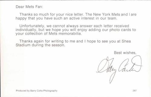 1987 Barry Colla New York Mets Postcards #287 Gary Carter Back