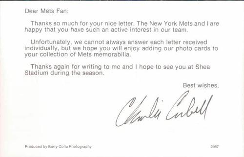 1987 Barry Colla New York Mets Postcards #2987 Charlie Corbell Back