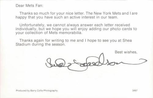 1987 Barry Colla New York Mets Postcards #3487 Bud Harrelson Back