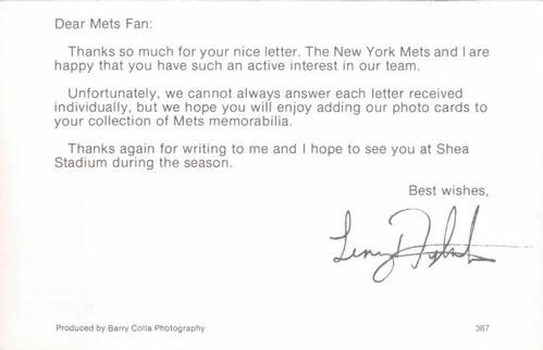 1987 Barry Colla New York Mets Postcards #387 Lenny Dykstra Back