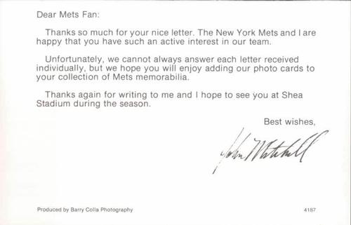 1987 Barry Colla New York Mets Postcards #4187 John Mitchell Back