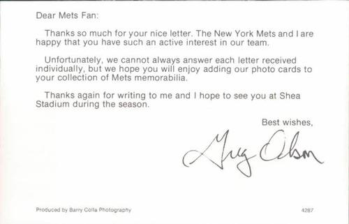 1987 Barry Colla New York Mets Postcards #4287 Greg Olson Back