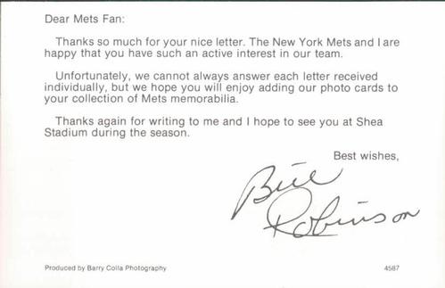 1987 Barry Colla New York Mets Postcards #4587 Bill Robinson Back