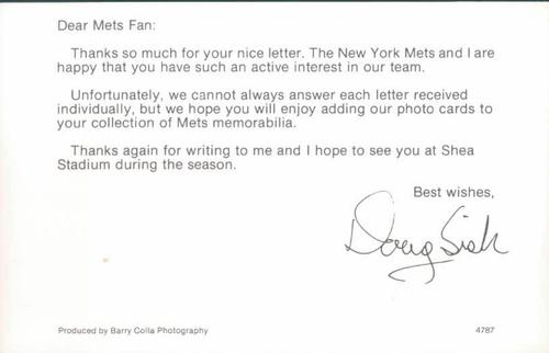 1987 Barry Colla New York Mets Postcards #4787 Doug Sisk Back