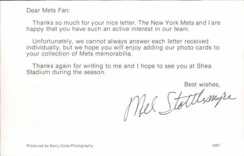1987 Barry Colla New York Mets Postcards #4887 Mel Stottlemyre Back