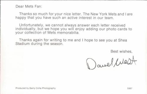 1987 Barry Colla New York Mets Postcards #5087 David West Back