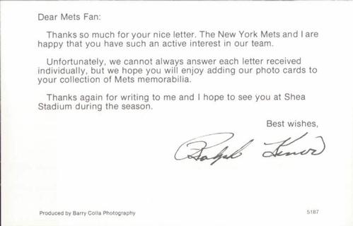 1987 Barry Colla New York Mets Postcards #5187 Ralph Kiner Back