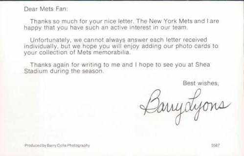 1987 Barry Colla New York Mets Postcards #5587 Barry Lyons Back
