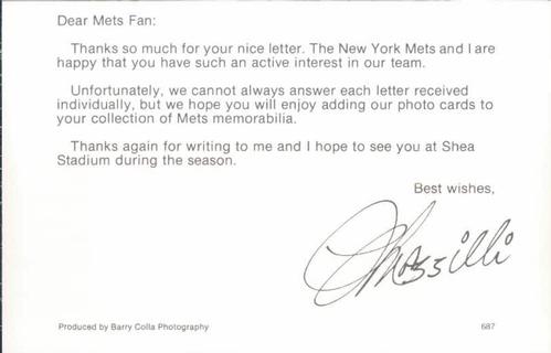 1987 Barry Colla New York Mets Postcards #687 Lee Mazzilli Back