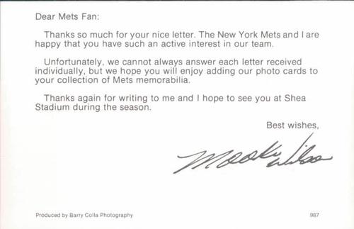 1987 Barry Colla New York Mets Postcards #987 Mookie Wilson Back
