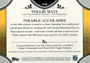 2012 Topps Tribute - Autographs Gold #TA-WM Willie Mays Back