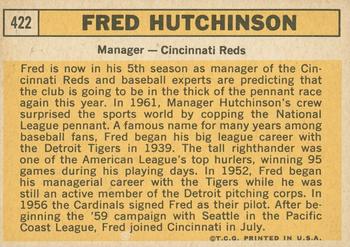2012 Topps Heritage - 50th Anniversary Buybacks #422 Fred Hutchinson Back