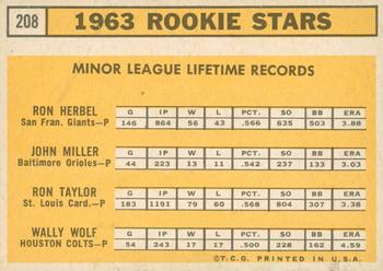 2012 Topps Heritage - 50th Anniversary Buybacks #208 1963 Rookie Stars (Ron Herbel / John Miller / Ron Taylor / Wally Wolf) Back