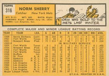2012 Topps Heritage - 50th Anniversary Buybacks #316 Norm Sherry Back