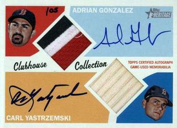 2012 Topps Heritage - Clubhouse Collection Dual Relic Autographs #CCDAR-GY Adrian Gonzalez / Carl Yastrzemski Front
