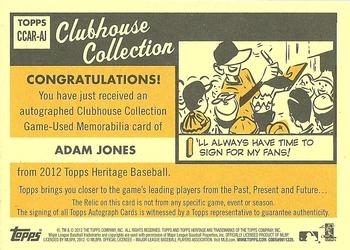 2012 Topps Heritage - Clubhouse Collection Relic Autographs #CCAR-AJ Adam Jones Back