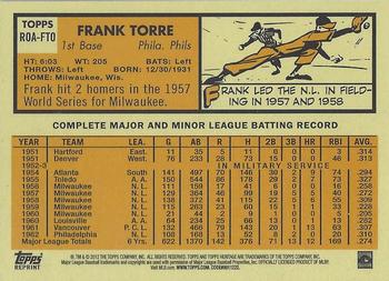2012 Topps Heritage - Real One Autographs #ROA-FTO Frank Torre Back