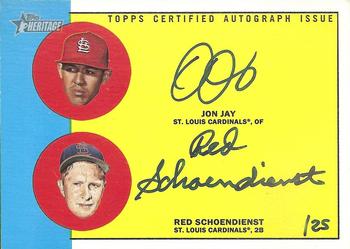 2012 Topps Heritage - Real One Autographs Dual #RODA-JS Jon Jay / Red Schoendienst Front