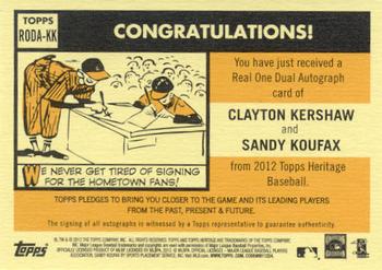 2012 Topps Heritage - Real One Autographs Dual #RODA-KK Clayton Kershaw / Sandy Koufax Back
