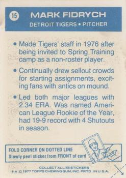 1977 Topps Cloth Stickers #15 Mark Fidrych Back