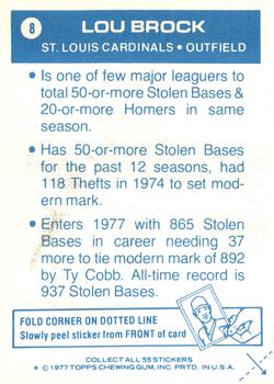 1977 Topps Cloth Stickers #8 Lou Brock Back