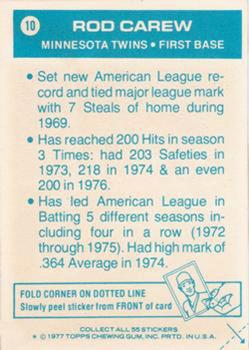 1977 Topps Cloth Stickers #10 Rod Carew Back