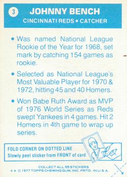 1977 Topps Cloth Stickers #3 Johnny Bench Back