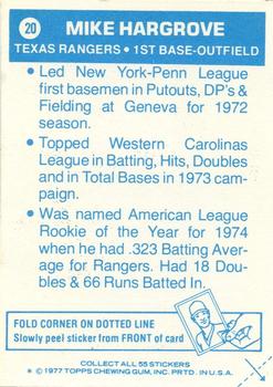 1977 Topps Cloth Stickers #20 Mike Hargrove Back