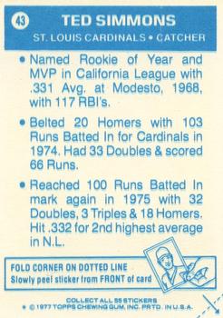 1977 Topps Cloth Stickers #43 Ted Simmons Back
