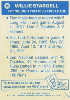 1977 Topps Cloth Stickers #45 Willie Stargell Back