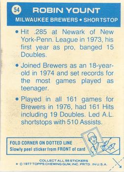 1977 Topps Cloth Stickers #54 Robin Yount Back