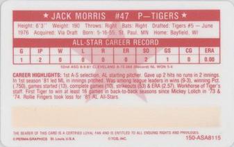 1981 Perma-Graphics All-Star Credit Cards #150-ASA8115 Jack Morris Back