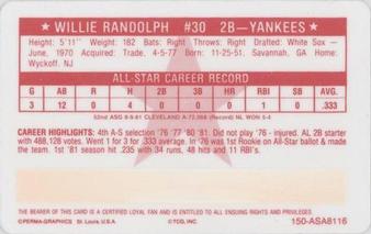 1981 Perma-Graphics All-Star Credit Cards #150-ASA8116 Willie Randolph Back