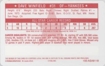 1981 Perma-Graphics All-Star Credit Cards #150-ASA8118 Dave Winfield Back