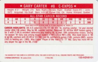 1981 Perma-Graphics All-Star Credit Cards #150-ASN8101 Gary Carter Back
