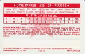 1981 Perma-Graphics All-Star Credit Cards #150-ASN8106 Dave Parker Back